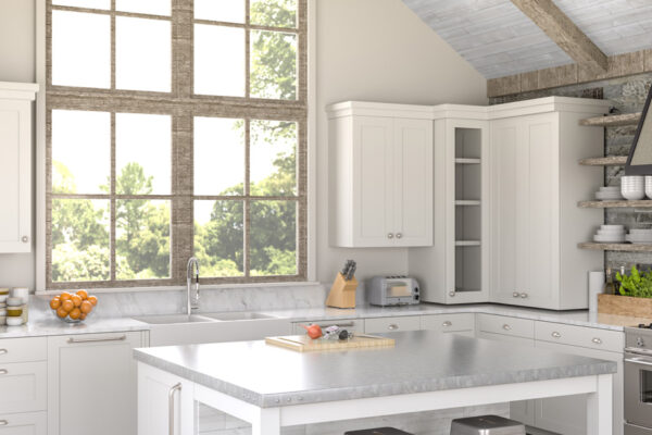 Bright white kitchen with Easy BarnWood “Traditional White” plank vaulted ceiling, exposed rustic beams, large grid window, and central island with metal stools.