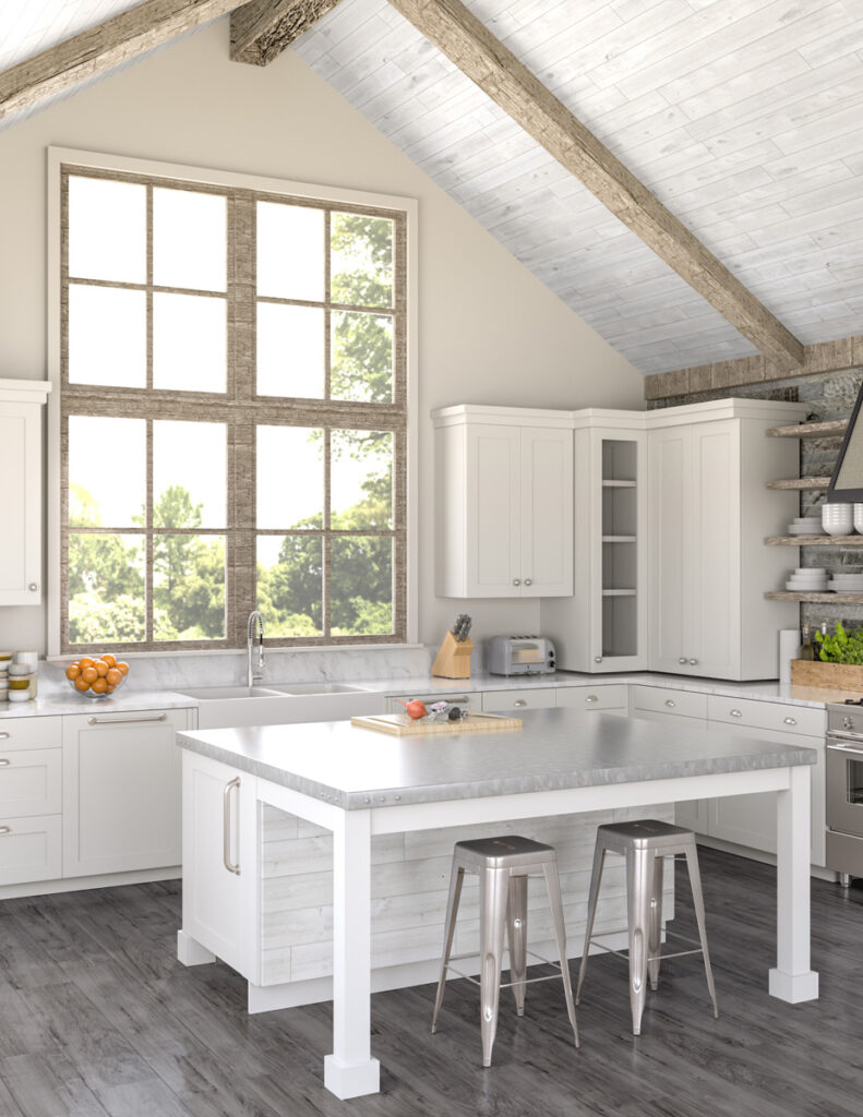 Bright white kitchen with Easy BarnWood “Traditional White” plank vaulted ceiling, exposed rustic beams, large grid window, and central island with metal stools.