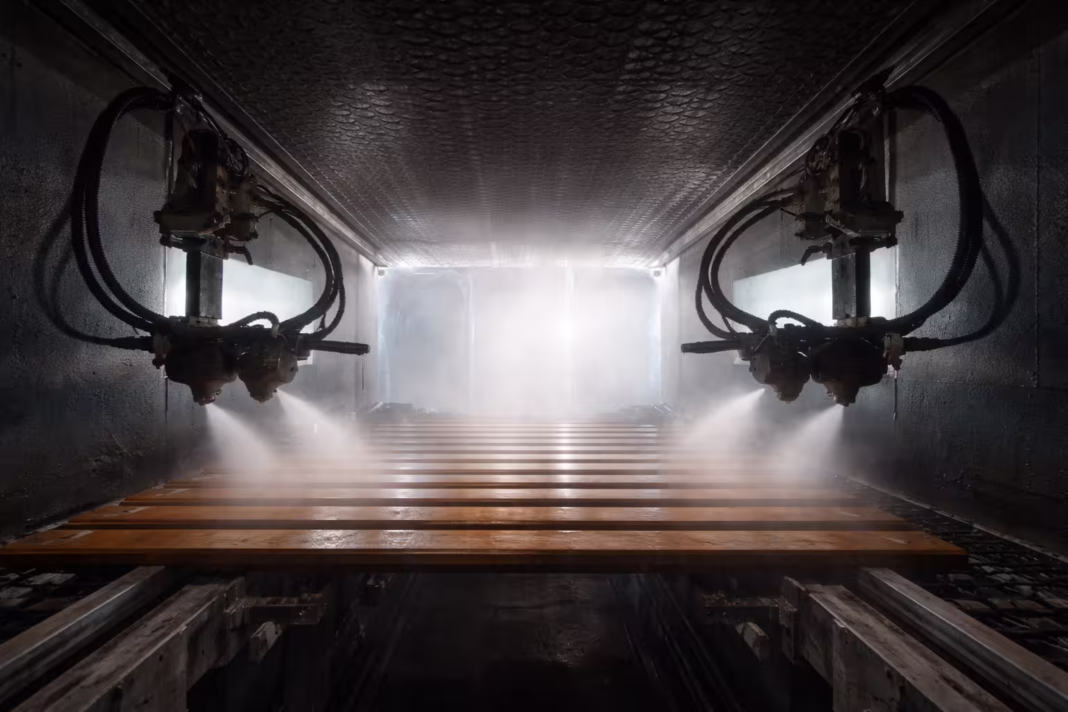 Wood boards moving through an industrial spray tunnel as side-mounted nozzles apply a water-based coating.