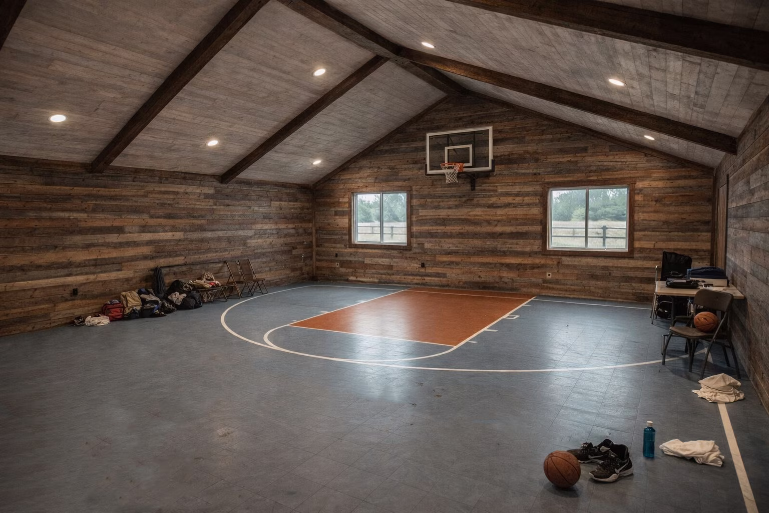 Indoor basketball court in a barn-style room with weathered wood plank walls, exposed ceiling beams, recessed lights, and a wall-mounted hoop.