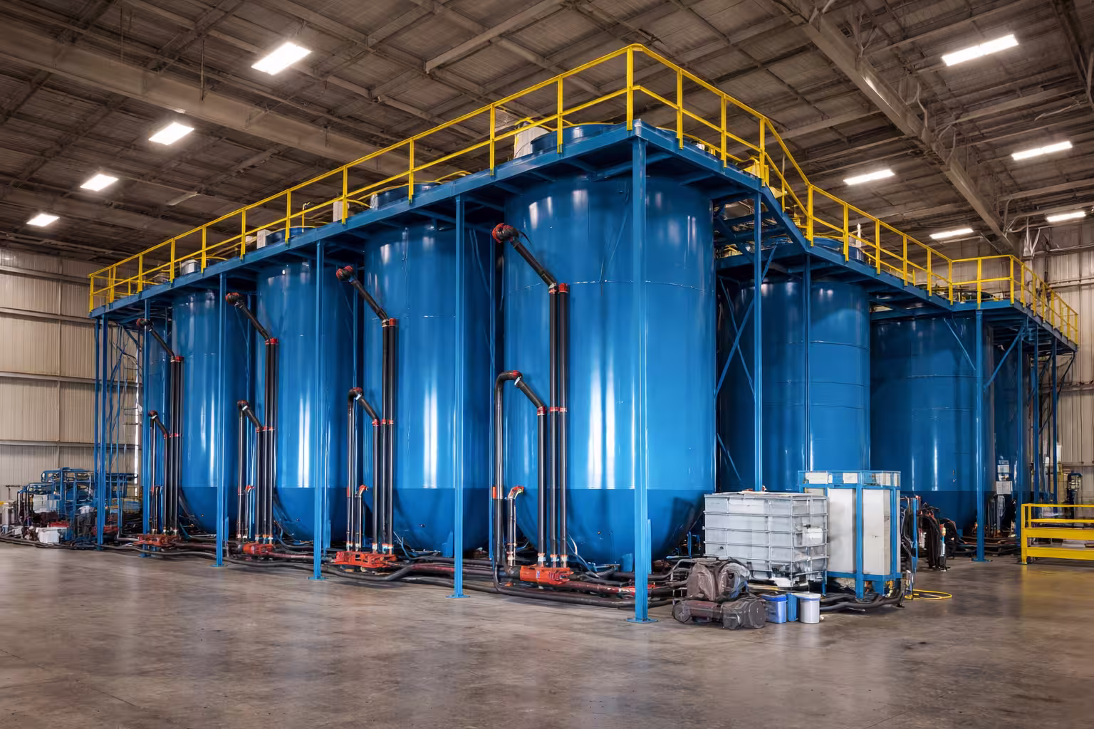 Industrial processing tanks inside a manufacturing facility, with blue storage vessels, connected piping, and a platform with yellow safety railings.